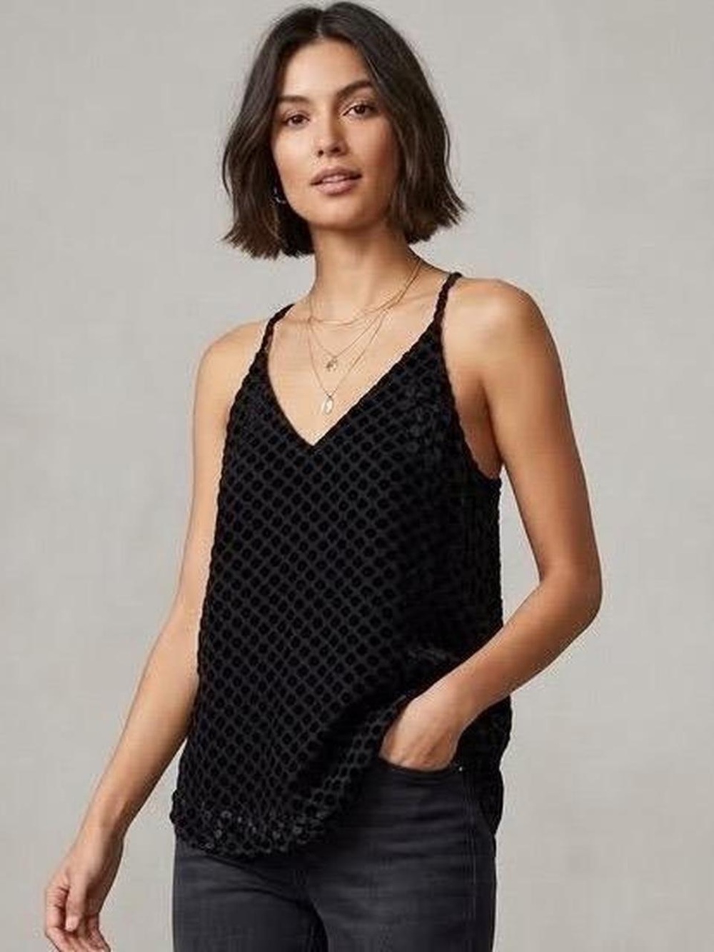 LOFT V-Neck Black Textured Polka Dot Velvet Cami Tank Top size large